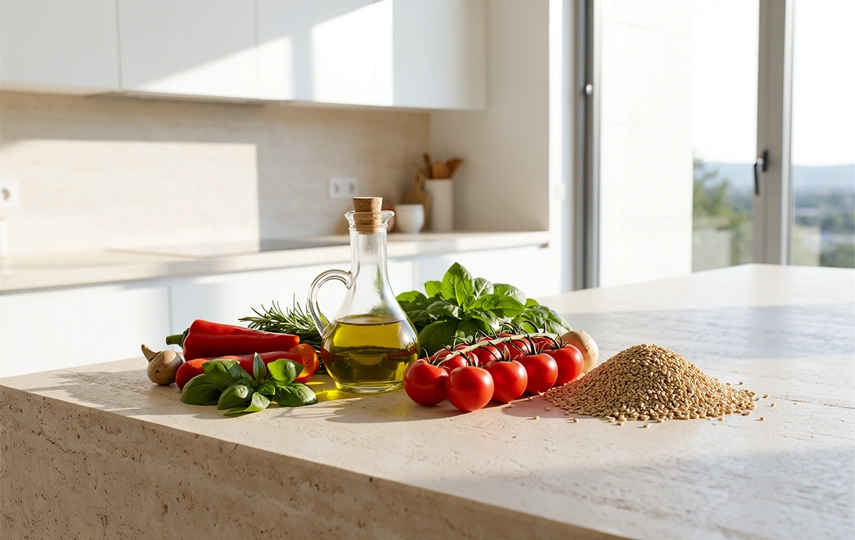 Ingredientes naturales en una cocina iluminada